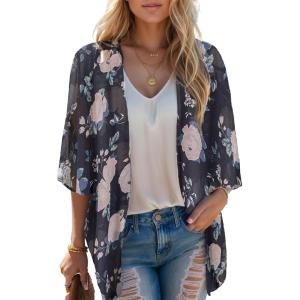 imageMoss Rose Womens Beach Kimono Coverup Sheer Chiffon Cover Ups Casual Loose Open Front Cardigan TopsDark Grey Floral