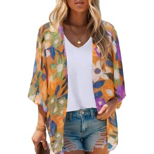 imageMoss Rose Womens Beach Kimono Coverup Sheer Chiffon Cover Ups Casual Loose Open Front Cardigan TopsOrange Flora