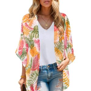 imageMoss Rose Womens Beach Kimono Coverup Sheer Chiffon Cover Ups Casual Loose Open Front Cardigan TopsOrange Floral Print