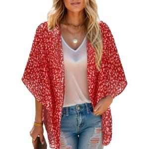 imageMoss Rose Womens Beach Kimono Coverup Sheer Chiffon Cover Ups Casual Loose Open Front Cardigan TopsRed Floral