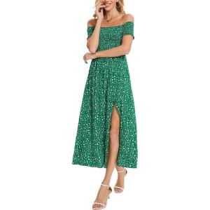 imageMoss Rose Womens Boho Maxi Dresses Summer Off Shoulder Cap Sleeve Flowy Swing Casual Long DressGreen