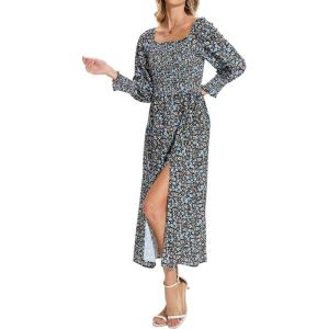 imageMoss Rose Womens Boho Maxi Dresses Summer Square Neck Long Sleeve Floral Flowy Swing Casual Long DressBlack