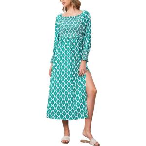 imageMoss Rose Womens Boho Maxi Dresses Summer Square Neck Long Sleeve Floral Flowy Swing Casual Long DressGreen