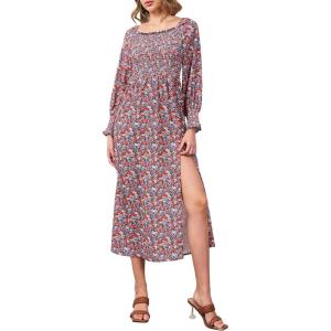 imageMoss Rose Womens Boho Maxi Dresses Summer Square Neck Long Sleeve Floral Flowy Swing Casual Long DressRed