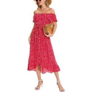 imageMoss Rose Womens Boho Spring Summer Maxi Dresses Off The Shoulder Floral Flowy Swing Casual Long DressRed