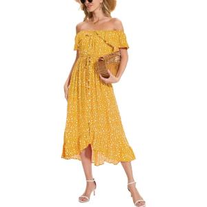 imageMoss Rose Womens Boho Spring Summer Maxi Dresses Off The Shoulder Floral Flowy Swing Casual Long DressYellow