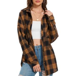 imageMoss Rose Womens Button Down Flannel Shirts Long Sleeve Plaid Shackets Business Casual Blouse TopBrown Black