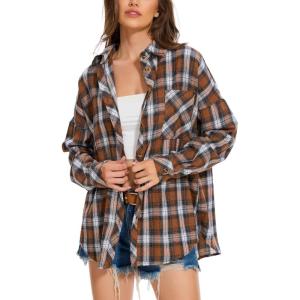 imageMoss Rose Womens Button Down Flannel Shirts Long Sleeve Plaid Shackets Business Casual Blouse TopBrown White