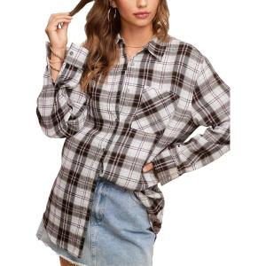 imageMoss Rose Womens Button Down Flannel Shirts Long Sleeve Plaid Shackets Business Casual Blouse TopWhite Purple