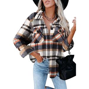 imageMoss Rose Womens Casual Plaid Shackets Button Down Long Sleeve Jacket Coats ShirtsBrown