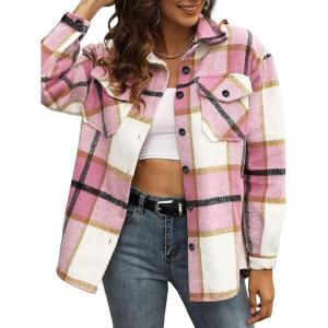imageMoss Rose Womens Casual Plaid Shackets Button Down Long Sleeve Jacket Coats ShirtsPink