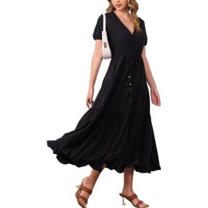 imageMoss Rose Womens Casual V Neck Boho Dress Puff Short Sleeve High Waist Floral Flowy Long DressesBlack