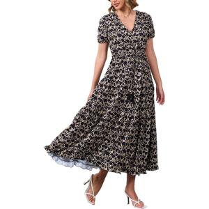 imageMoss Rose Womens Casual V Neck Boho Dress Puff Short Sleeve High Waist Floral Flowy Long DressesKhaki