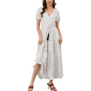 imageMoss Rose Womens Casual V Neck Boho Dress Puff Short Sleeve High Waist Floral Flowy Long DressesWhite