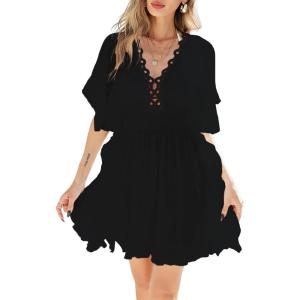 imageMoss Rose Womens Lace Bathing Suit Cover Up VNeck Coverups Swimwear Swimsuit Swim Beach Dress BeachwearZblack