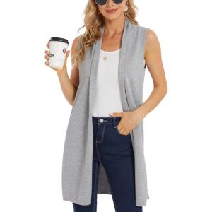 imageMoss Rose Womens Long Knit Cardigan Vest Casual Sleeveless Open Front Draped Duster Vest Available in Plus SizeLight Gray