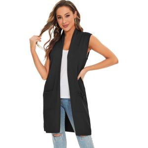imageMoss Rose Womens Long Knit Cardigan Vest Casual Sleeveless Open Front Draped Duster Vest Available in Plus SizePocketblack