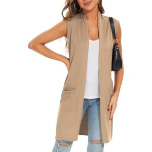 imageMoss Rose Womens Long Knit Cardigan Vest Casual Sleeveless Open Front Draped Duster Vest Available in Plus SizePocketkhaki