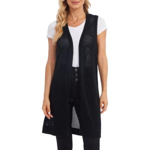 imageMoss Rose Womens Sleeveless Cardigans Vests Long Open Front Hollow Crochet Cardigan Sweater Duster VestBlack