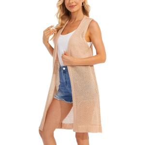 imageMoss Rose Womens Sleeveless Cardigans Vests Long Open Front Hollow Crochet Cardigan Sweater Duster VestCamel