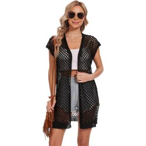 imageMoss Rose Womens Sleeveless Cardigans Vests Long Open Front Hollow Crochet Cardigan Sweater Duster VestZ Black