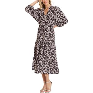 imageMoss Rose Womens Spring Summer Maxi Dresses V Neck 34 Sleeve Floral Flowy Swing Boho Long DressBlack