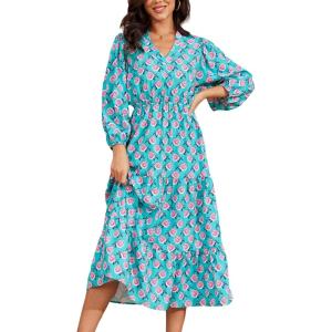 imageMoss Rose Womens Spring Summer Maxi Dresses V Neck 34 Sleeve Floral Flowy Swing Boho Long DressGreen