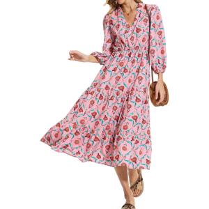 imageMoss Rose Womens Spring Summer Maxi Dresses V Neck 34 Sleeve Floral Flowy Swing Boho Long DressRed