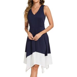 imageMoss Rose Womens Summer Casual Dress Fashion V Neck Sleeveless Midi Dresses with Asymmetrical HemNavy