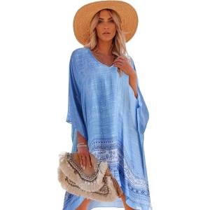 imageMoss Rose Womens Swimsuit Cover up Beach Kaftan for Bathing Suit with Floral PatternBlue