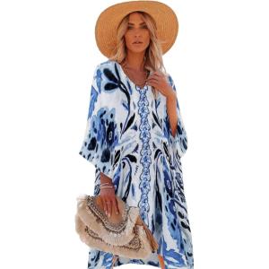 imageMoss Rose Womens Swimsuit Cover up Beach Kaftan for Bathing Suit with Floral PatternBluefloral