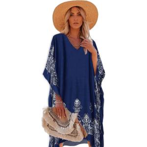 imageMoss Rose Womens Swimsuit Cover up Beach Kaftan for Bathing Suit with Floral PatternC Adeline Navy 1