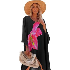 imageMoss Rose Womens Swimsuit Cover up Beach Kaftan for Bathing Suit with Floral PatternE Black Flower