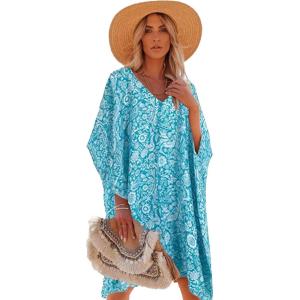 imageMoss Rose Womens Swimsuit Cover up Beach Kaftan for Bathing Suit with Floral PatternE Blue2
