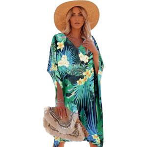 imageMoss Rose Womens Swimsuit Cover up Beach Kaftan for Bathing Suit with Floral PatternE Green Flower