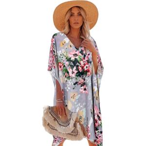 imageMoss Rose Womens Swimsuit Cover up Beach Kaftan for Bathing Suit with Floral PatternE Grey Flower