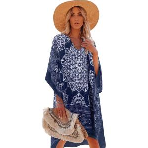 imageMoss Rose Womens Swimsuit Cover up Beach Kaftan for Bathing Suit with Floral PatternE Navy