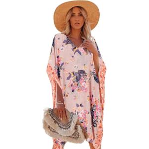imageMoss Rose Womens Swimsuit Cover up Beach Kaftan for Bathing Suit with Floral PatternE Pink Floral Print