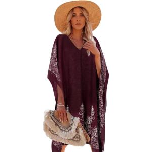 imageMoss Rose Womens Swimsuit Cover up Beach Kaftan for Bathing Suit with Floral PatternE Wine Print