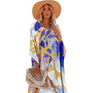 imageMoss Rose Womens Swimsuit Cover up Beach Kaftan for Bathing Suit with Floral PatternE Yellow