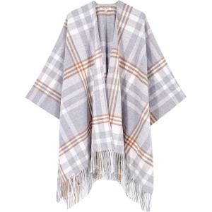 imageMoss Rose Womens Travel Plaid Shawl Wrap Open Front Poncho Cape for Fall WinterA Glacier Grey