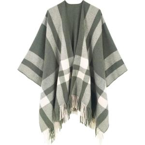 imageMoss Rose Womens Travel Plaid Shawl Wrap Open Front Poncho Cape for Fall WinterB Olive