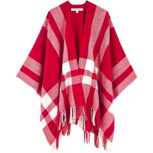 imageMoss Rose Womens Travel Plaid Shawl Wrap Open Front Poncho Cape for Fall WinterB Red