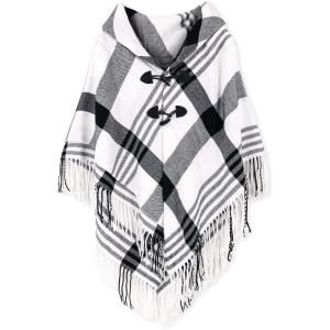 imageMoss Rose Womens Travel Plaid Shawl Wrap Open Front Poncho Cape for Fall WinterE Black Grid