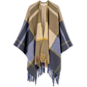imageMoss Rose Womens Travel Plaid Shawl Wrap Open Front Poncho Cape for Fall WinterG Khaki and Blue Plaid