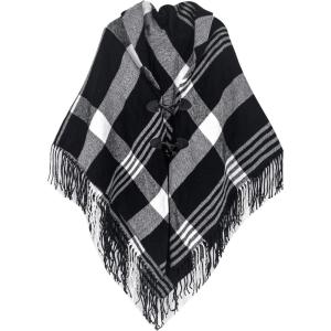 imageMoss Rose Womens Travel Plaid Shawl Wrap Open Front Poncho Cape for Fall WinterWhite Black