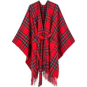 imageMoss Rose Womens Travel Plaid Shawl Wrap Open Front Poncho Cape for Fall WinterZ Plaid Red
