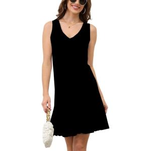 imageMoss Rose Womens Vintage Dress V Neck Sleeveless Sundresses Pleated Mermaid Midi DressBlack