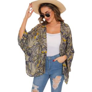 imageWomens Floral Print Puff Sleeve Kimono Cardigan Loose Short Cover Up Casual Blouse Tops
