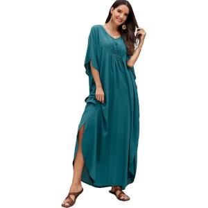 imageMoss Rose Kaftan Dresses for Women V Neck Summer Swimsuit Cover up Caftan Maxi Beach DressesCpeacock Blue